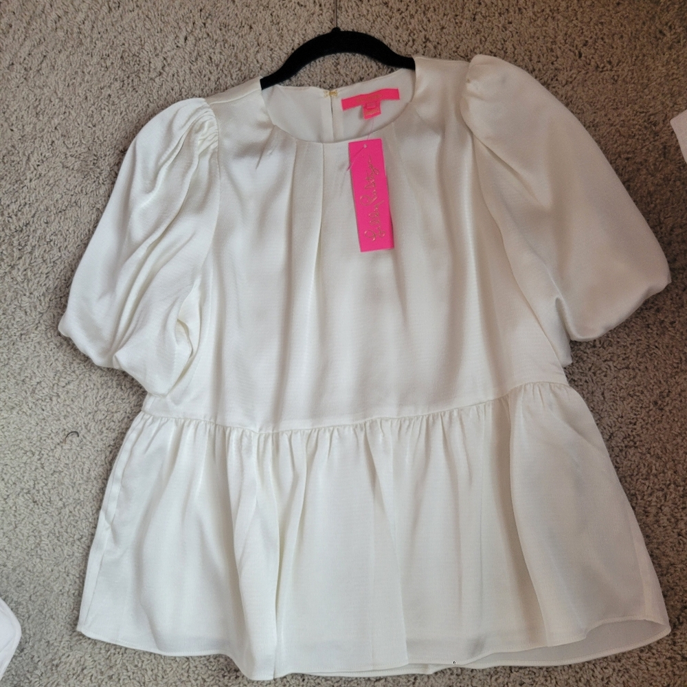 Lilly Pulitzer Ivory Cream Satin Blakelynn Elbow Puff Sleeve Top Blouse Sz 6 NWT